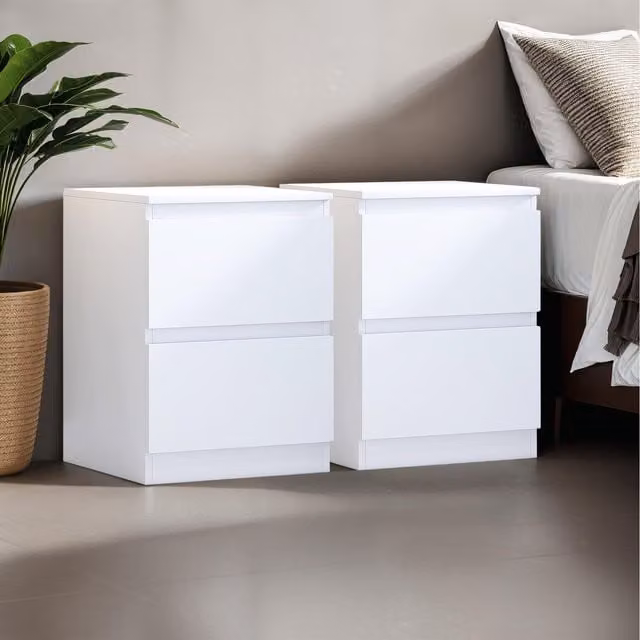 FWStyle Set of 2 Modern Handleless Matt White Bedside Tables