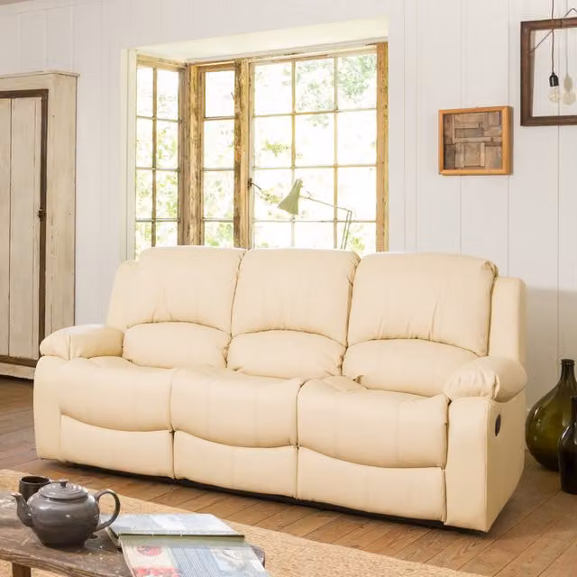 Artemis Home Glendale 3 Seat Manual Recliner Sofa in Beige and White Upholstered Synthetic Leather