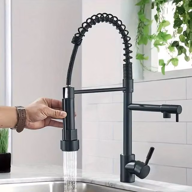 Dyzi Matt Black Brass Single Lever Kitchen Mixer Tap with Pull Out Spray Spout – 1