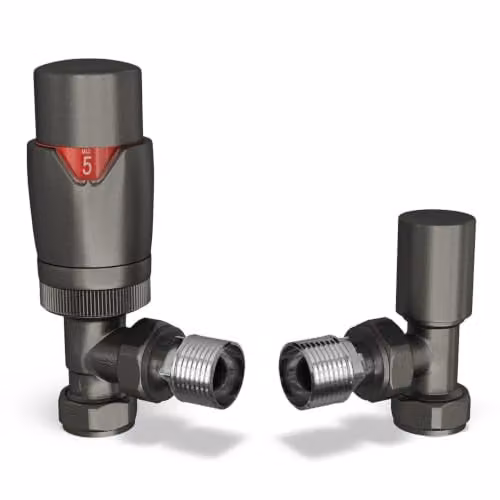 Stirling Bold Thermostatic Radiator Valve and Lockshield Corner Set in Matt Pewter with Brass Fittings