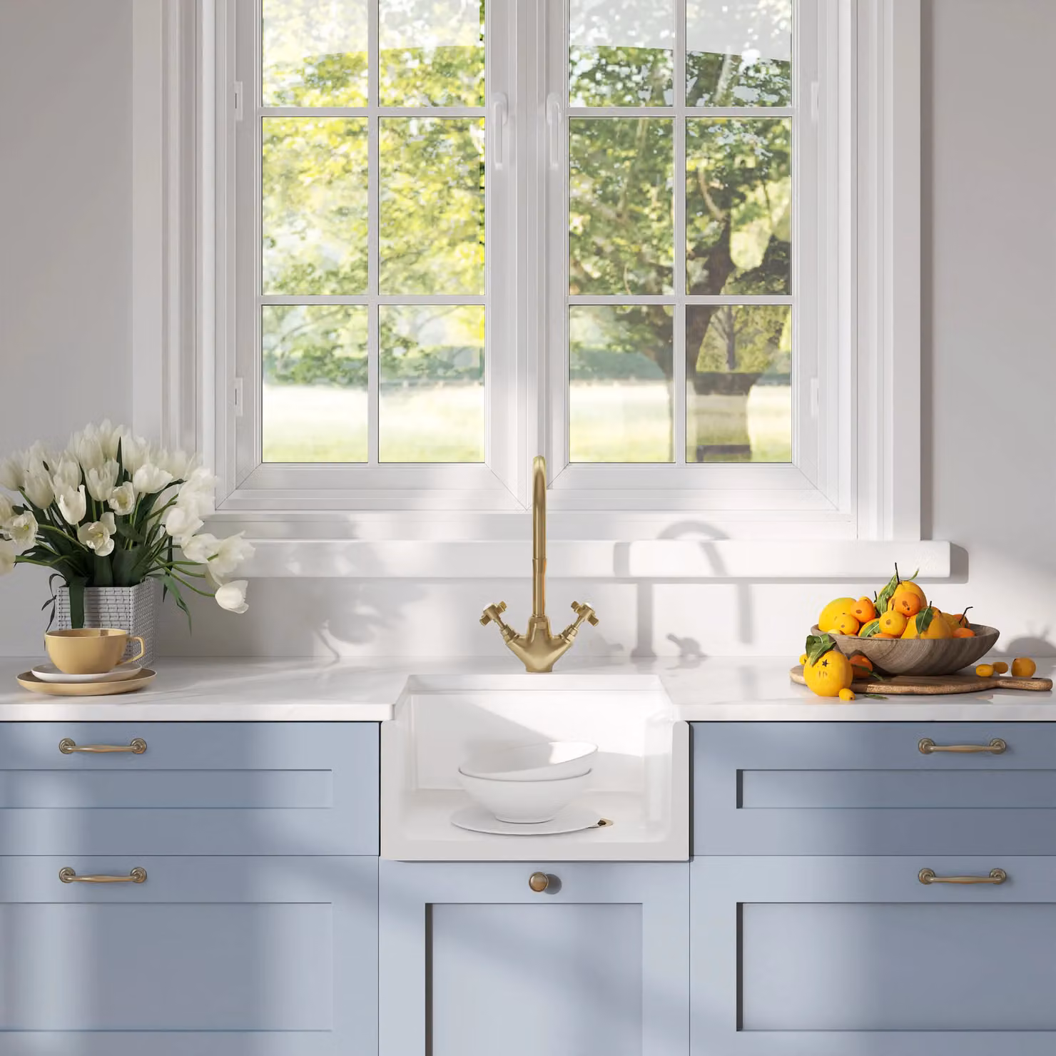 Balterley Compact 1 Bowl Belfast Sink in White Ceramic with Brushed Brass Pop Up Waste, Width: 46 cm – 2