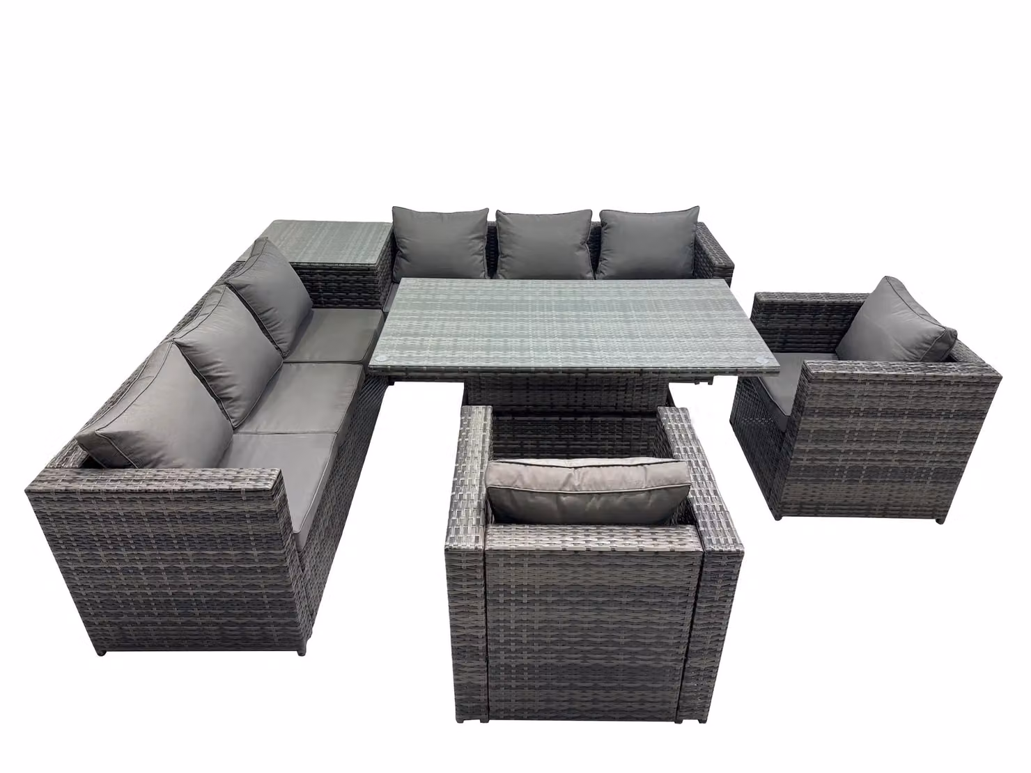 Fimous 8 Seater PE Rattan Corner Sofa Set with Height Adjustable Dining Table and High Side Coffee Table in Dark Grey – 2