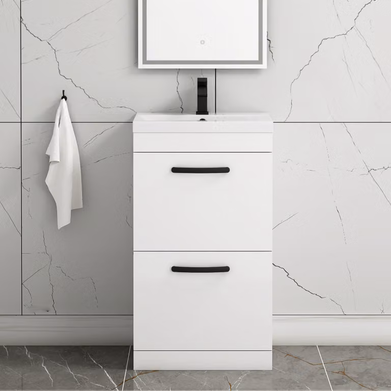 Royal Bathrooms Turin 500mm Gloss White Floor Standing 2 Drawer Mid-Edge Basin Vanity Unit with Matt Black Handle