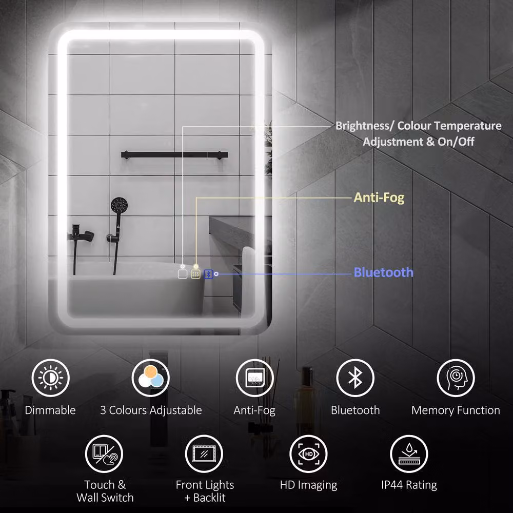 STILVORA Bluetooth Bathroom Mirror with LED and Clock Display in Silver, W/D/H: 70 x 50 cm – 6