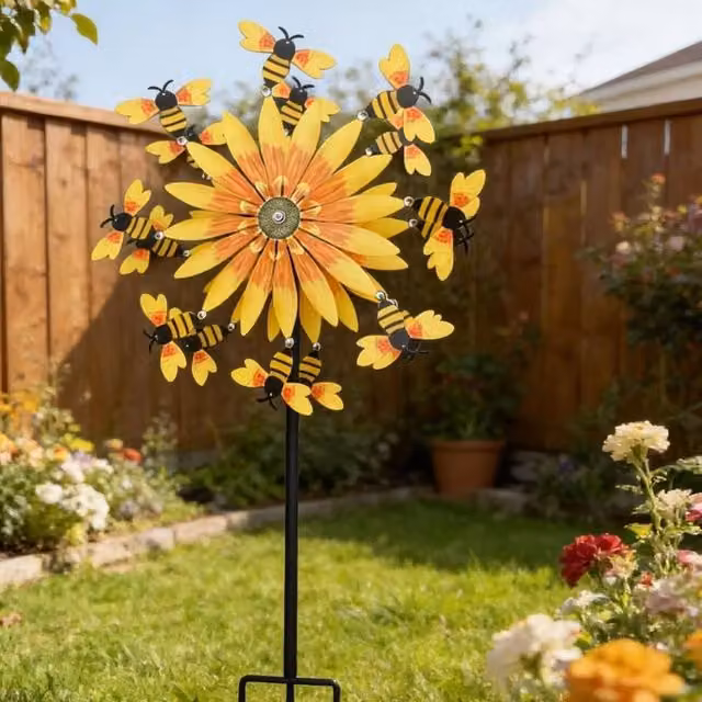 Quipulse Sunflower and Bees Metal Wind Spinner in Yellow – 1