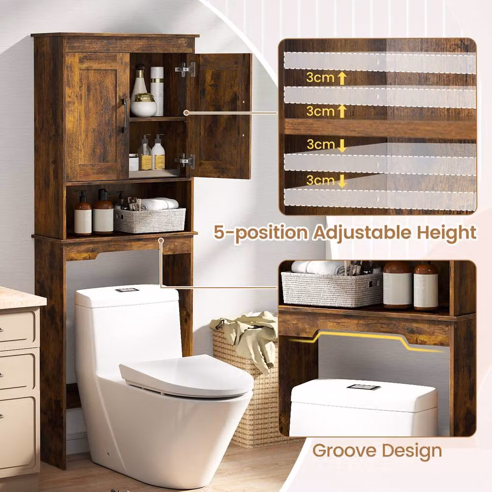 Costway Freestanding Over The Toilet Storage Cabinet with Hinged Doors and Open Shelf in Brown Rustic Wood – 5