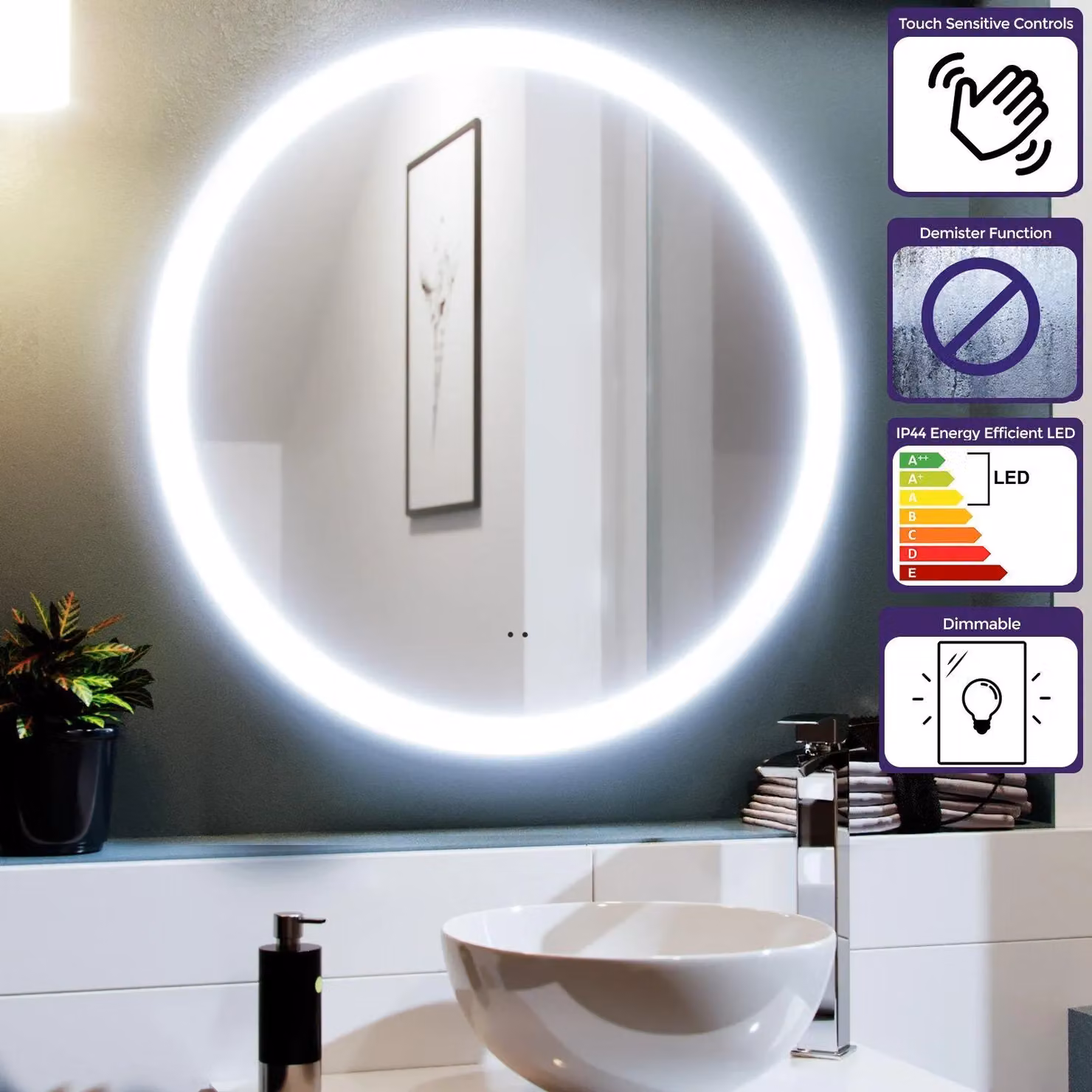 Nes Home Round LED Bathroom Mirror with Motion Sensor and Demister in Silver, Diameter: 70 cm – 2