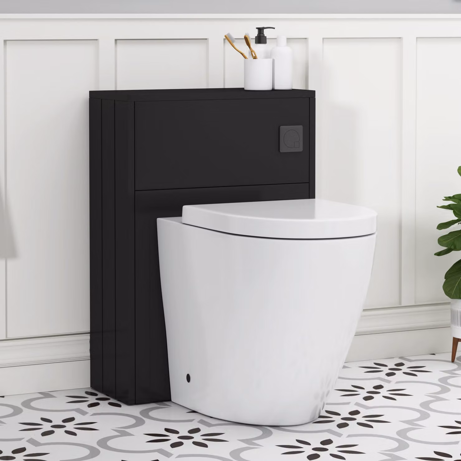 Royal Bathrooms Elmore Matt Nocturne Black Back to Wall WC Unit with Elva Rimless Short Projection Toilet Pan, Seat and Cistern, Width: 55 cm