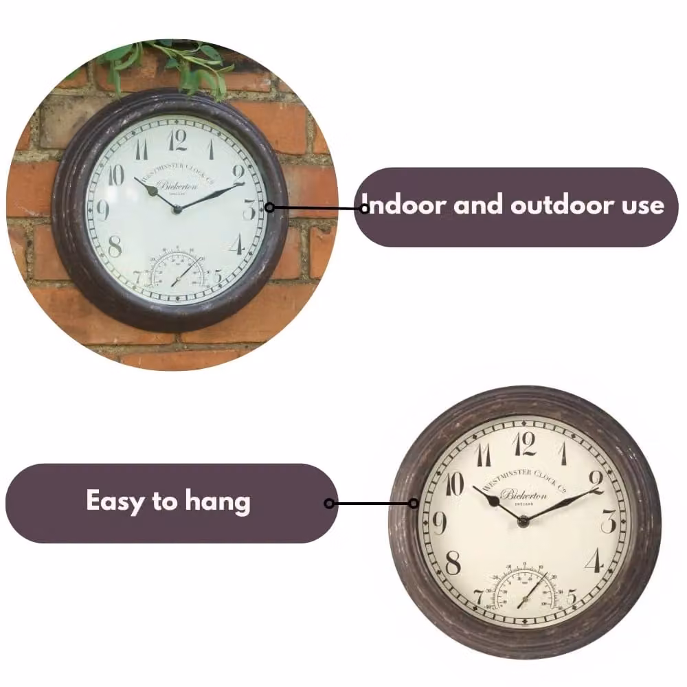 Marco Paul Bickerton Brown 12 inch Round Analog Outdoor Wall Clock and Thermometer – 4