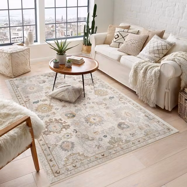 Desire Rugs Maia Traditional Floral Area Rug, Beige and Yellow, Washable and Non-Slip, Width: 300 cm