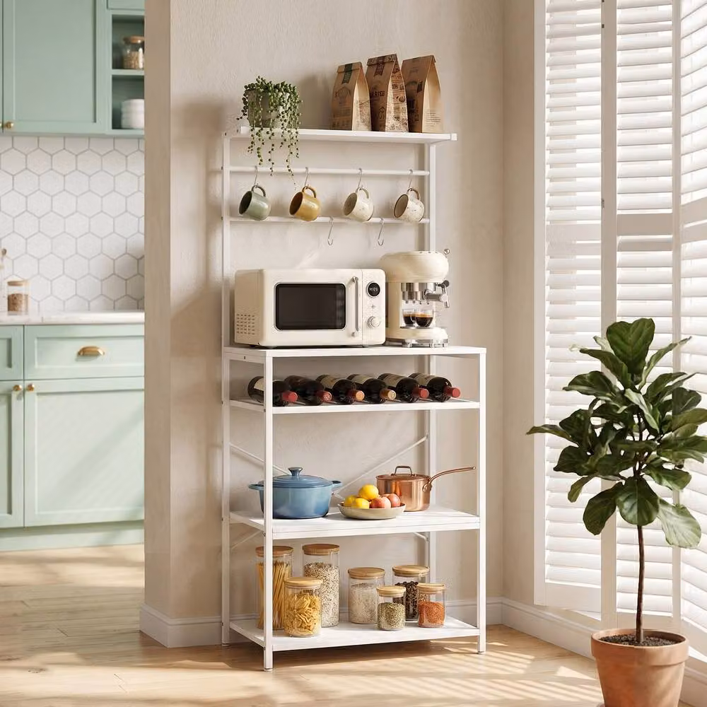 STILVORA Minimalist Freestanding Metal Shelving Unit with Wine Rack and Hooks in Matt White – 2