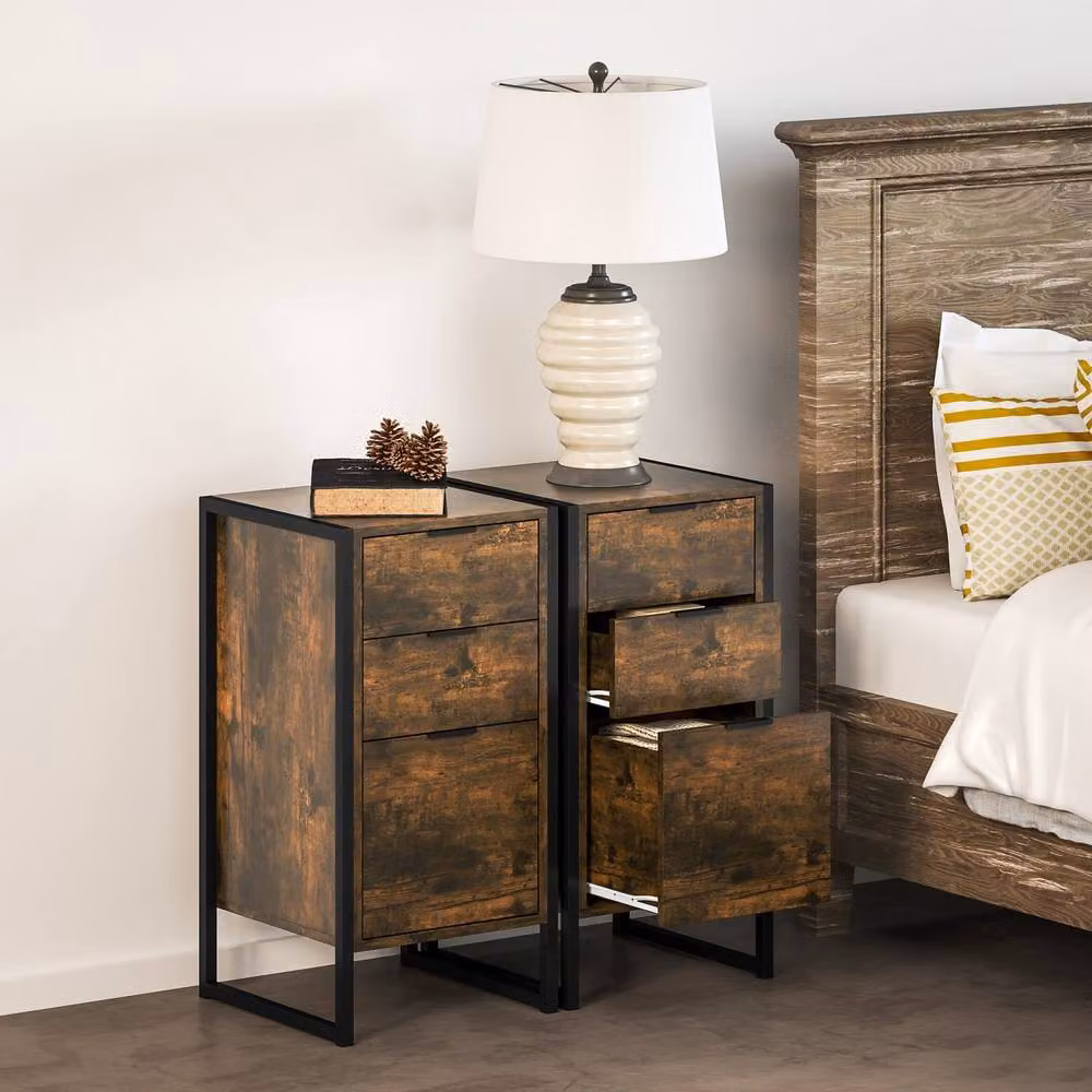 Wyld Haus Naba Set of 2 Industrial 3 Drawer Bedside Tables in Brown – 3