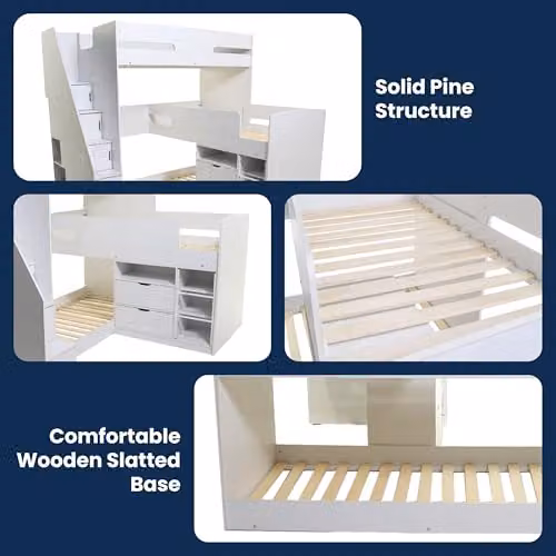 Flair Furnishings White Solid Wood Triple Bunk Bed with Staircase Storage and Drawers, H 210 cm x W 90 cm x D 205.8 cm – 4
