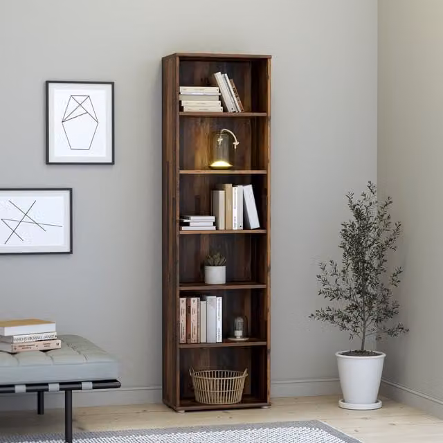 Furniture To Go Essential 5 Shelf Narrow Bookcase in Rustic Brown Wood