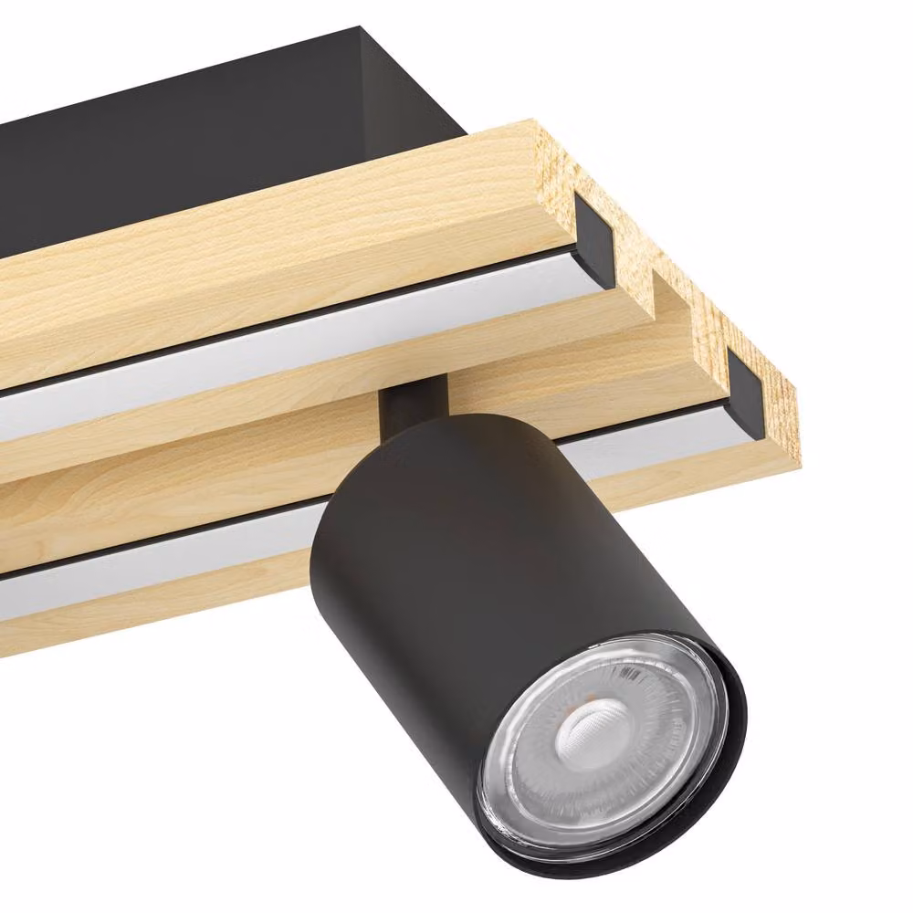 Eglo Gesteira Modern 3-Light LED Ceiling Spotlight in Black with Wood and Metal Details – 3