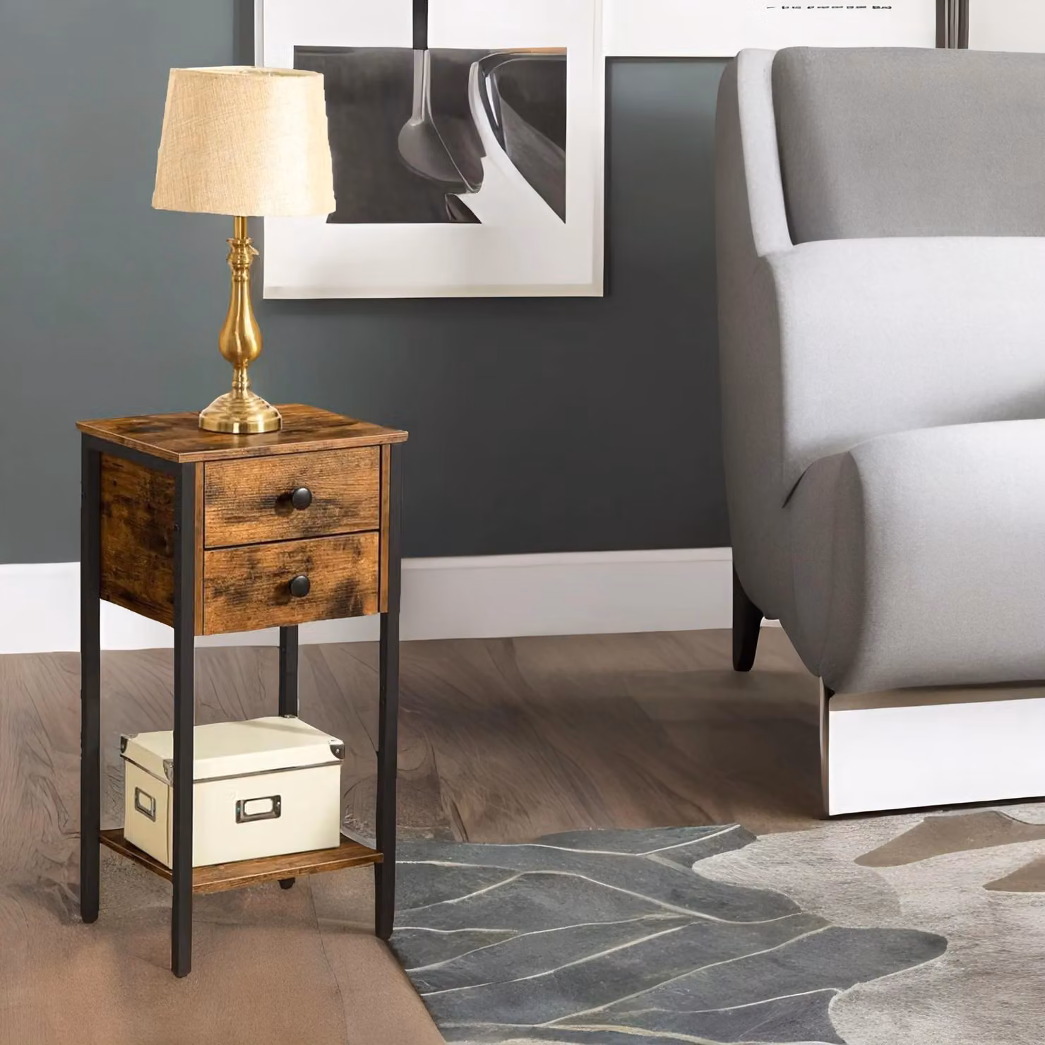 Rafaelo Mobilia Slim Side Table with 2 Drawers in Brown and Black – 2