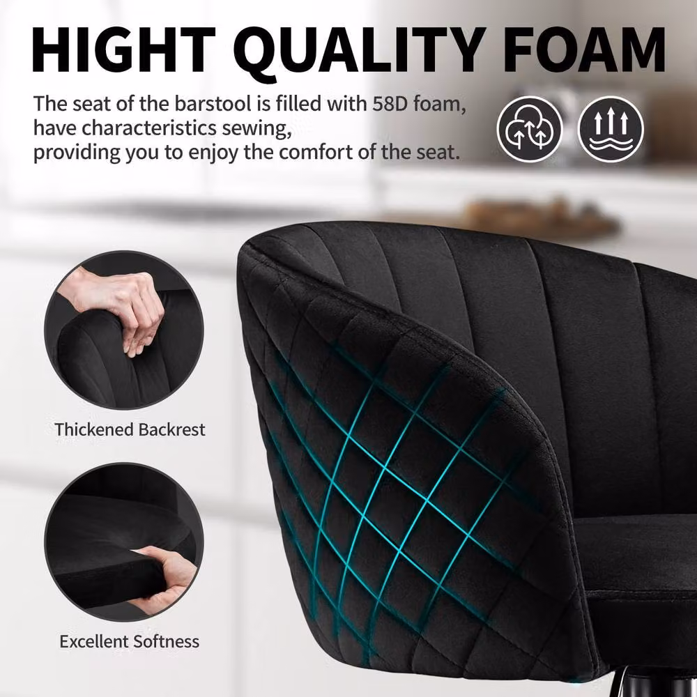 STOOLINK Set of 2 Swivel Bar Stools with Arms in Black Velvet Fabric – 5