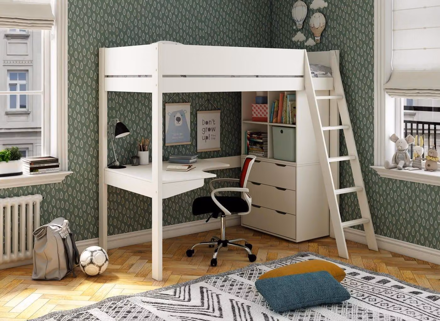 Dreams Anderson Desk High Sleeper with Storage Drawers in White or Grey