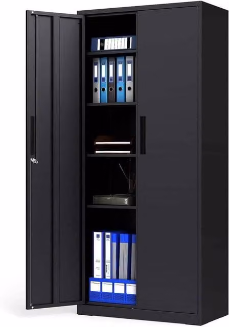 FORGEVIO Metal Storage Cabinet with 2 Lockable Hinged Doors and Adjustable Shelves in Matt Black