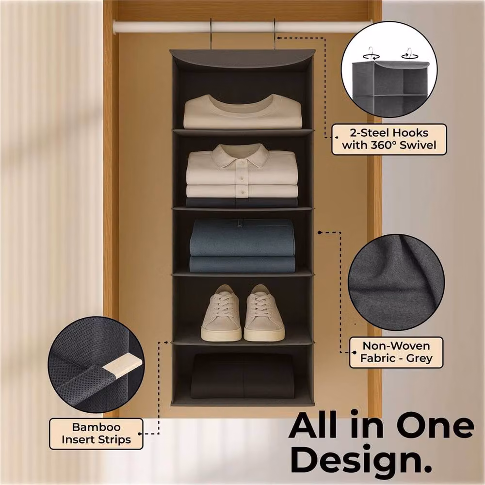 Nordara Grey 5-Tier Hanging Wardrobe Organiser W: 90 cm, D: 30 cm, H: 30 cm – 3