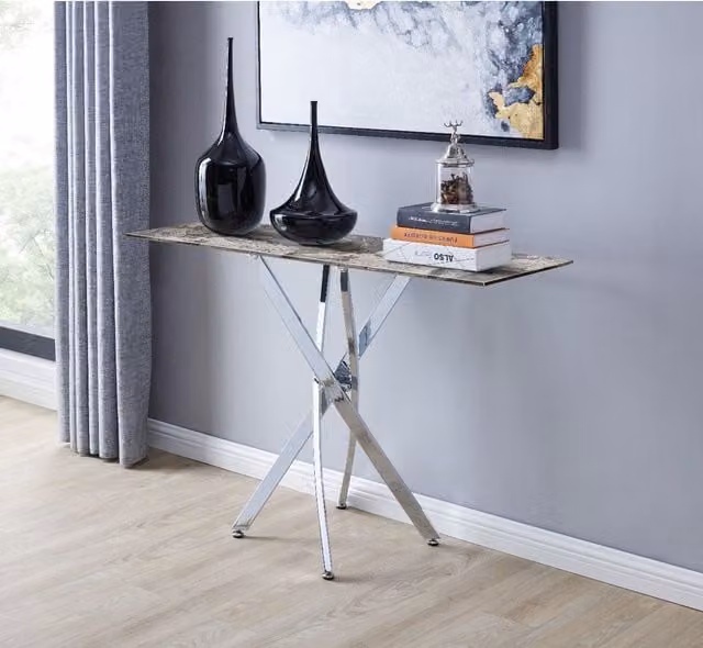 FurnitureboxUK Leonardo Console Table with Dark Grey Marble Effect Glass Top and Silver X-Frame Metal Legs