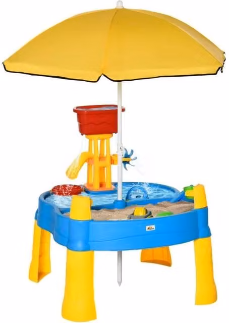 Chilli Seating 2 in 1 Sand and Water Play Table with Accessories and Adjustable Canopy, Yellow and Multicolour