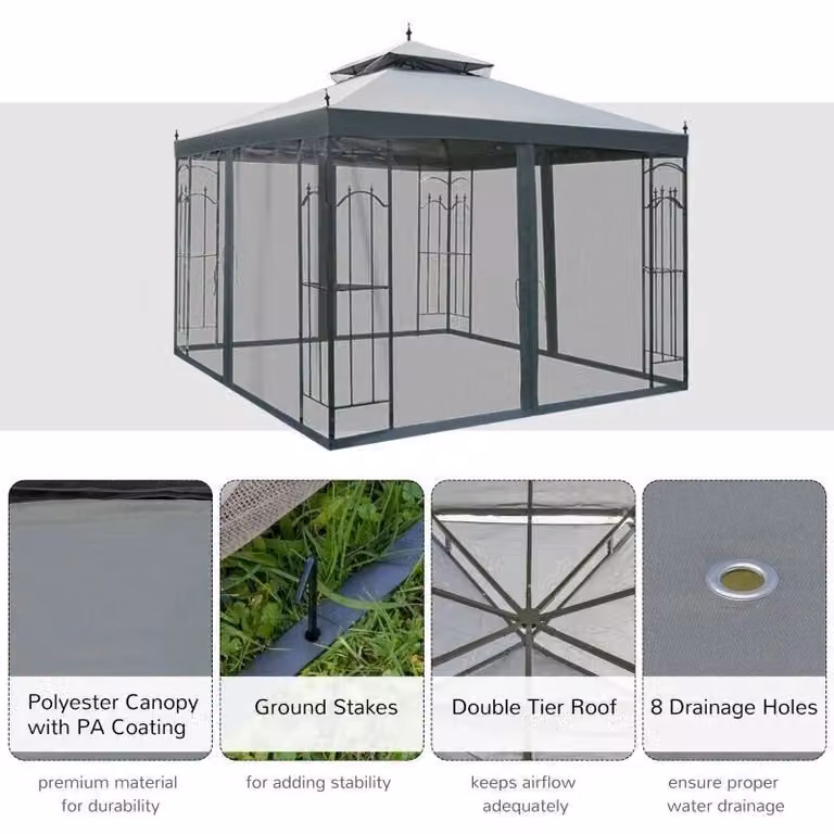 Outsunny 2 Tier Garden Gazebo with Mesh Curtains, Grey, W/D: 300 x 300 cm