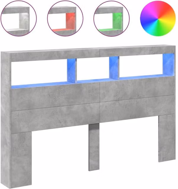 Berkfield Home Modern Headboard Cabinet with LED Lighting and USB Charging Port in Concrete Grey, W: 160 cm, D: 17 cm, H: 102 cm – 1