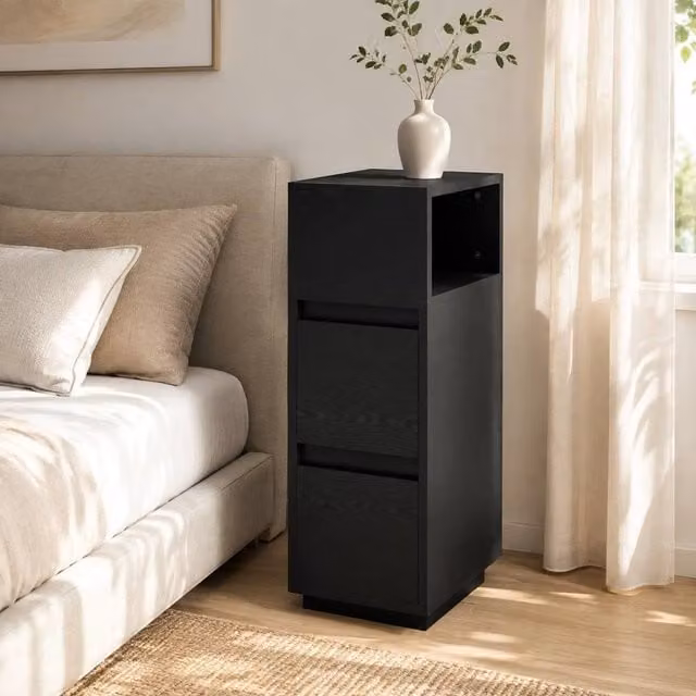 STILVORA Slim Bedside Cabinet with 2 Drawers and Open Shelf, Black – 1