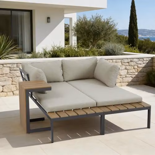 More4Homes Tampa L-Shape Garden Corner Sofa Set with Coffee Table in Grey and Beige – 6