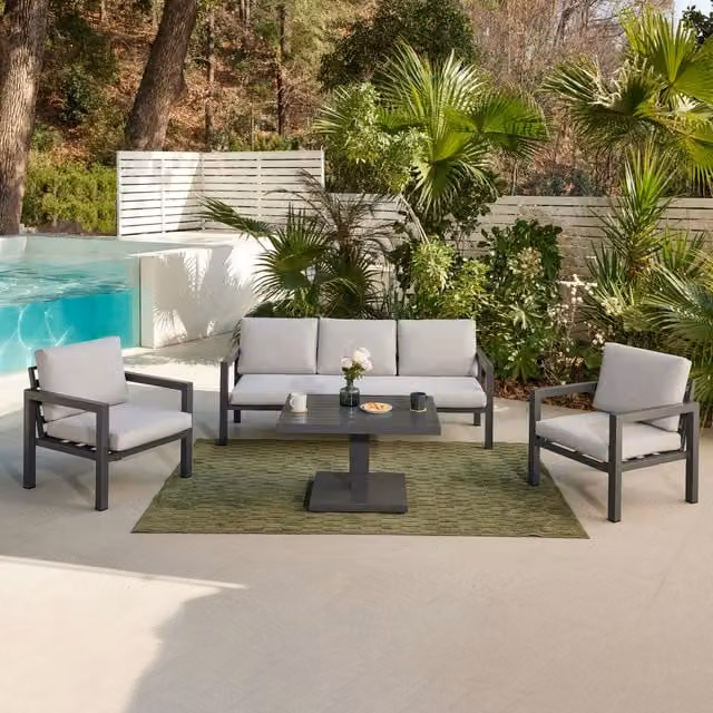 Del Fiore Luxury Grey Garden Furniture Set with Rising Table, 3-Seater Sofa, 2 Single Armchairs and Garden Cover