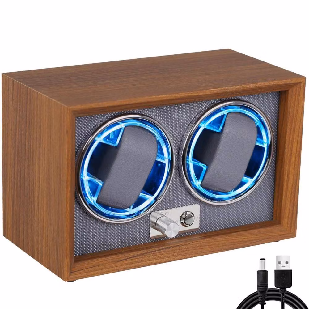 VOGREX LED Automatic Watch Winder with 2 Slots and Soft Pillows in Brown – 3