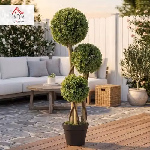 HOMCOM Decorative Artificial Boxwood Ball Topiary Tree in Pot, Green, Height: 90 cm – 2