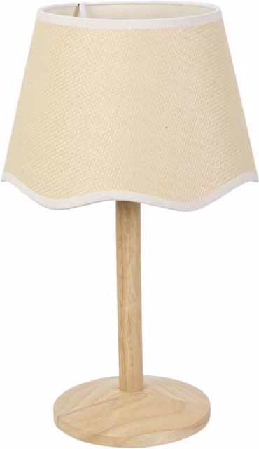 ValueLights Triston Scandinavian Table Lamp in Natural Light Wood with White and Beige Fabric Scallop Trim Shade