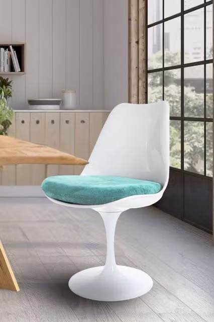 Fusion Living White Tulip Swivel Dining Chair with Turquoise Velvet Cushion