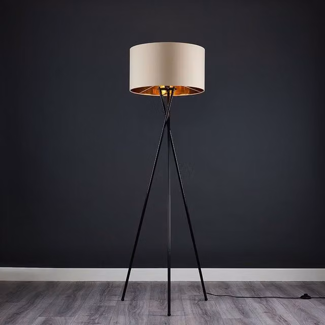 ValueLights Camden Black Metal Tripod Floor Lamp with Beige and Gold Fabric Cylinder Shade – 3