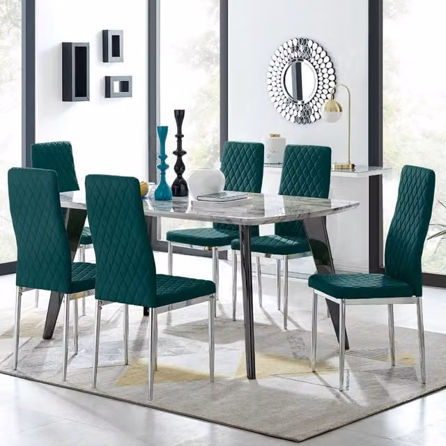 FurnitureboxUK Andria Marble Effect Rectangular Dining Table with 6 Green Velvet Milan Chairs and Black Legs