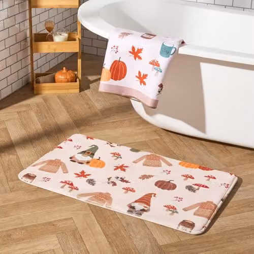 OHS Foam Bath Mat with Autumnal Gonk Design, Non-Slip and Quick-Drying, Beige, W: 75 cm, D: 45 cm – 1