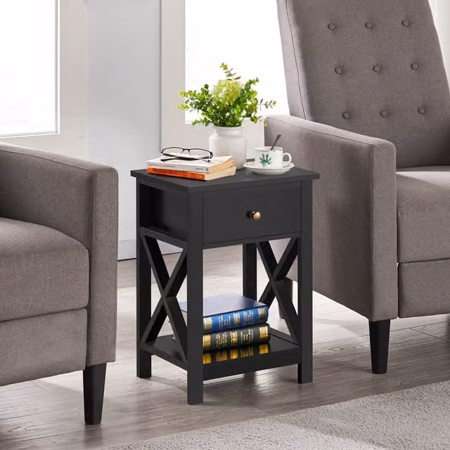 Yaheetech X Shape Bedside Table with Drawer and Shelf in Black