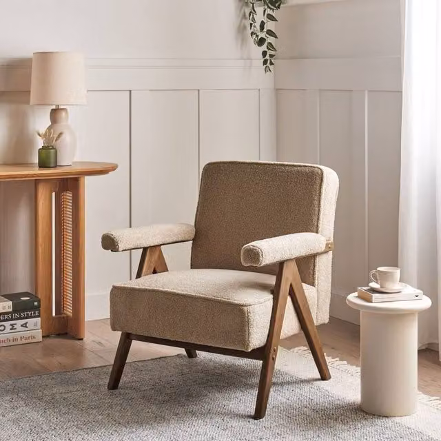 Wyld Haus Sand Beige Boucle Retro Armchair with Rubberwood Frame and Pillow Top Armrests – 1