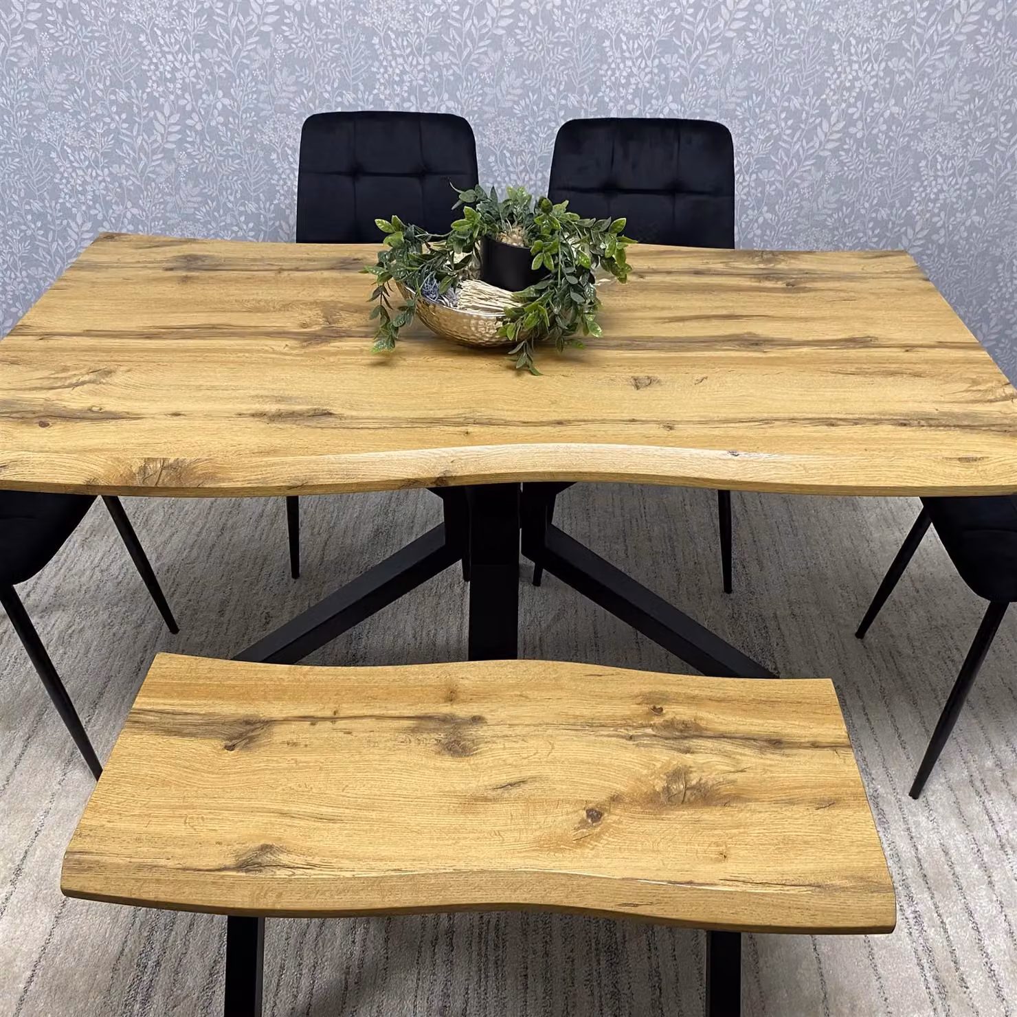 KOSY KOALA Wooden Dining Set with Rectangular Table, Bench and 4 Black Velvet Chairs in Brown – 6