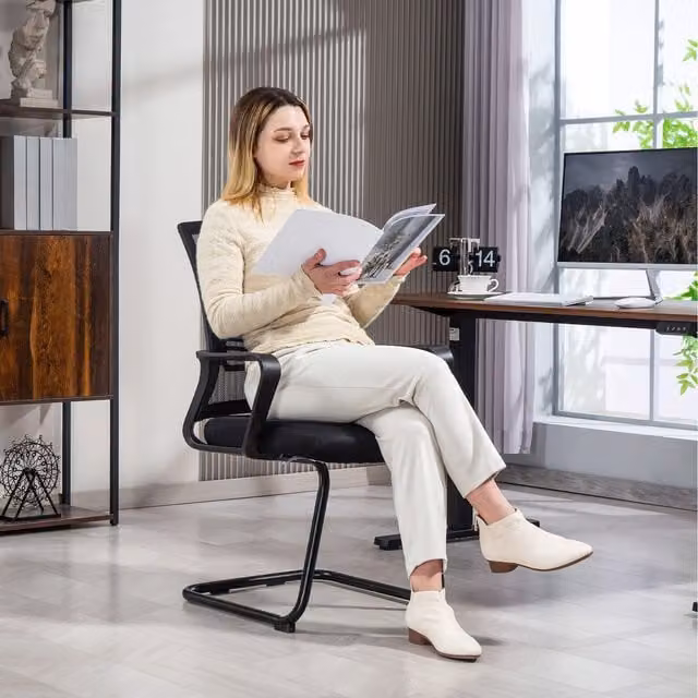 HOMCOM Ergonomic Black Fabric Desk Chair with Armrests and Metal Cantilever Sled Base