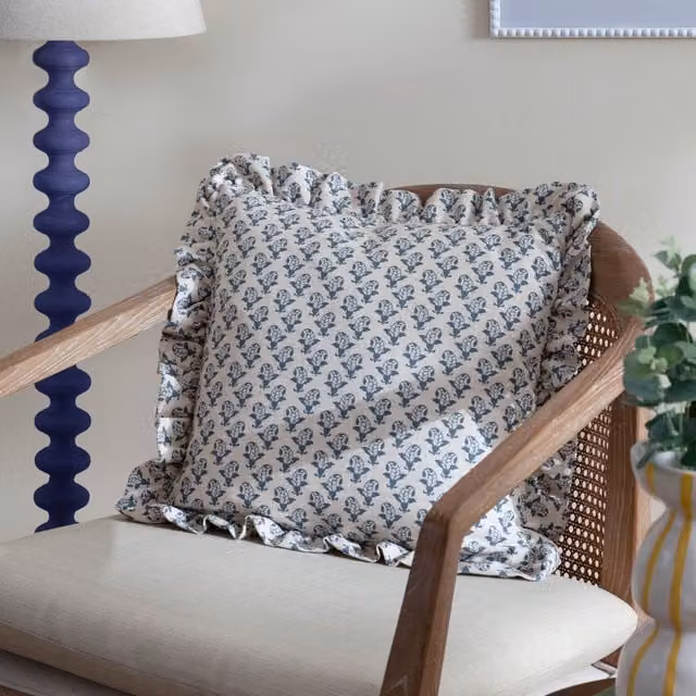 Furn Lulah Block Printed Ruffle Linen Cushion in Blue, W/D/H: 45 x 45 x 45 cm
