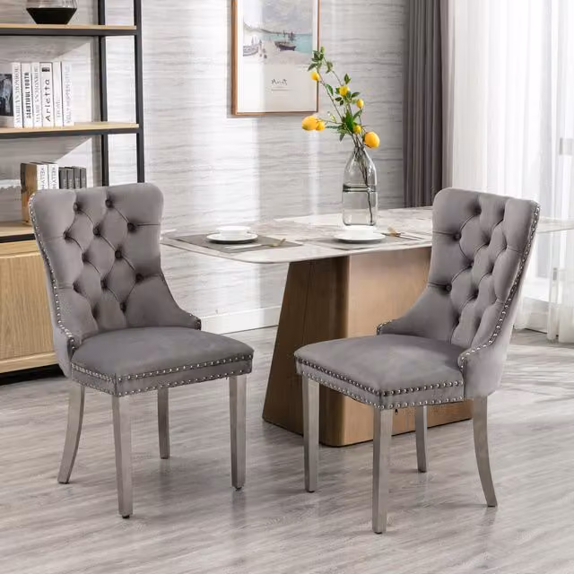 Modern Home Store Selma Velvet Tufted Dining Chairs with Knocker Back in Grey Silver (Set of 2)