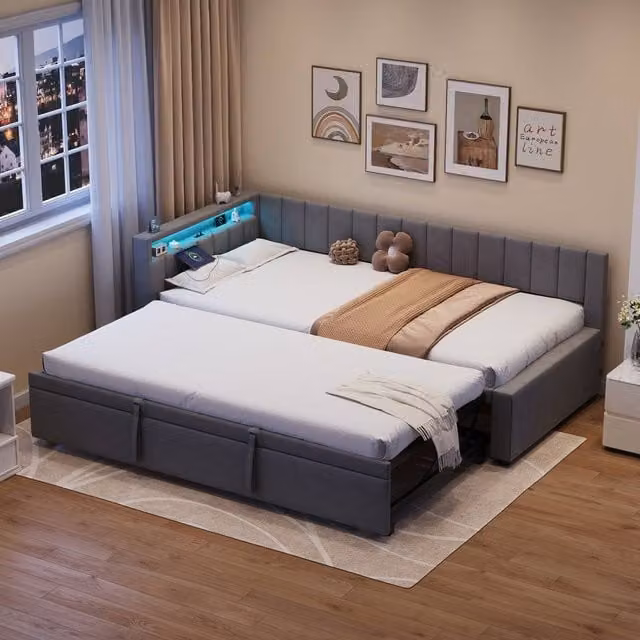 Merax Grey Velvet Upholstered Single Daybed Sofa Bed with Pull Out Trundle, LED Lighting, USB Charging Port and Bedside Shelf, W/D/H: 90 x 190 cm