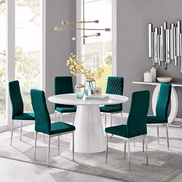 FurnitureboxUK Palma White High Gloss Round Dining Table and 6 Green Velvet Milan Chairs