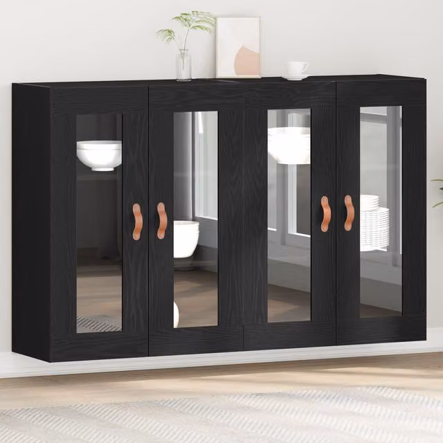 Berkfield Home Set of 2 Modern Wall Mounted Dining Room Cabinets in Black Oak with Glass Doors