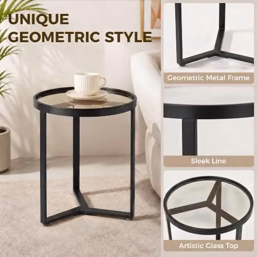 HOMCOM Modern Round Side Table with Transparent Glass Top and Black Metal Frame – 3