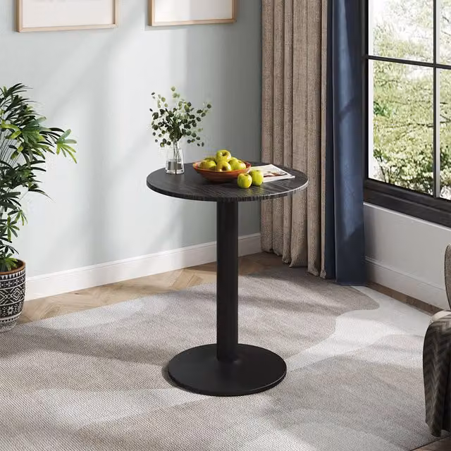 Komore Minimalist Round Cafe Table with Metal Base in Black, Diameter: 59 cm