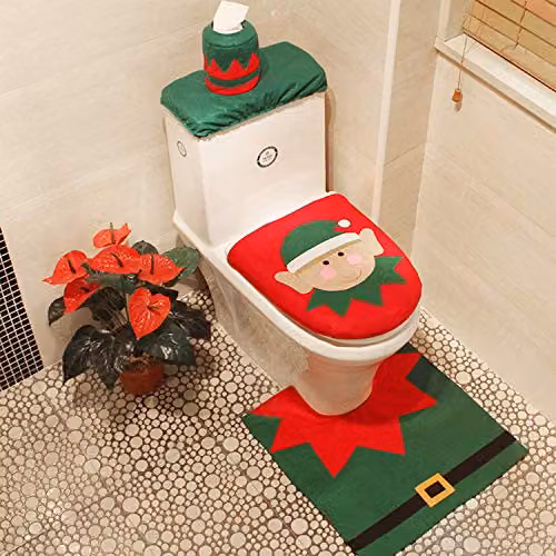 Shatchi Christmas Elf 3-Piece Bathroom Set with Toilet Lid Cover, Tank Cover and Non-Slip Bath Mat in Green and White – 3